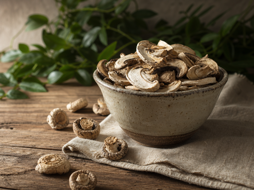 Dried white button mushroom slices in a ceramic bowl