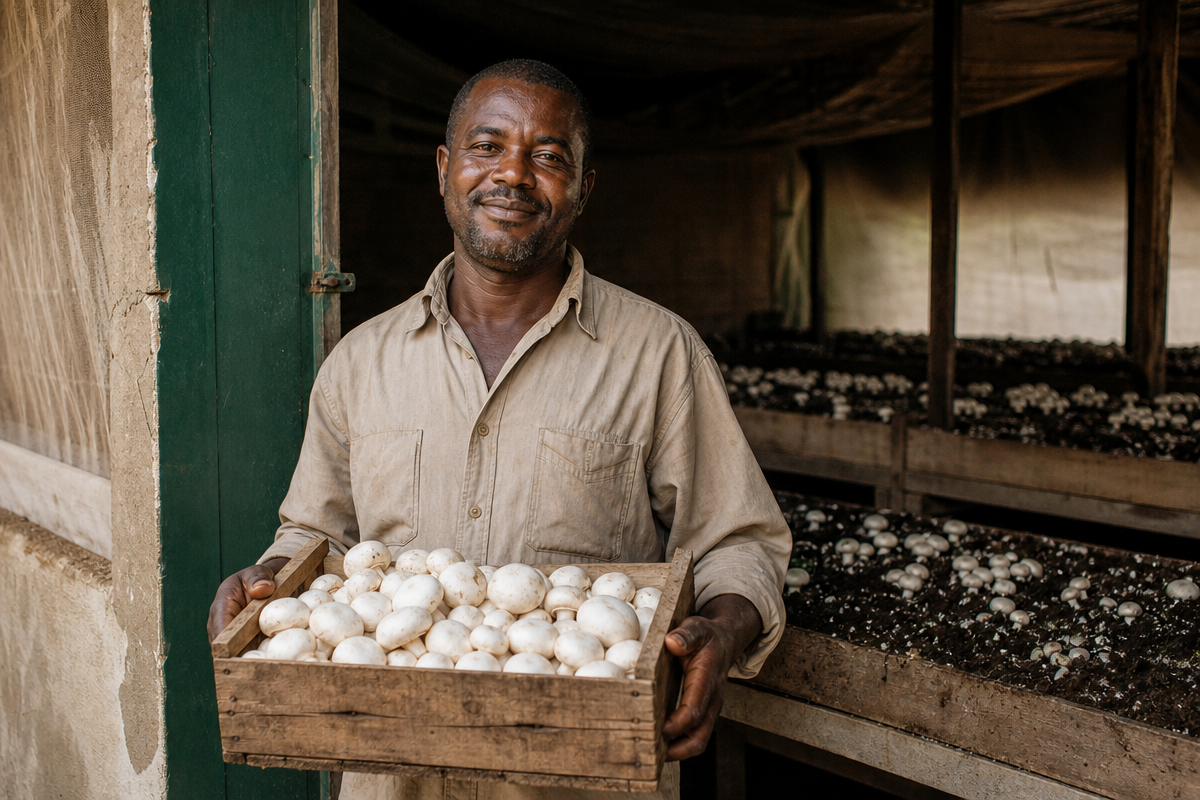 A farmer at Maros Mushroom holding a crate of freshly picked white button mushrooms