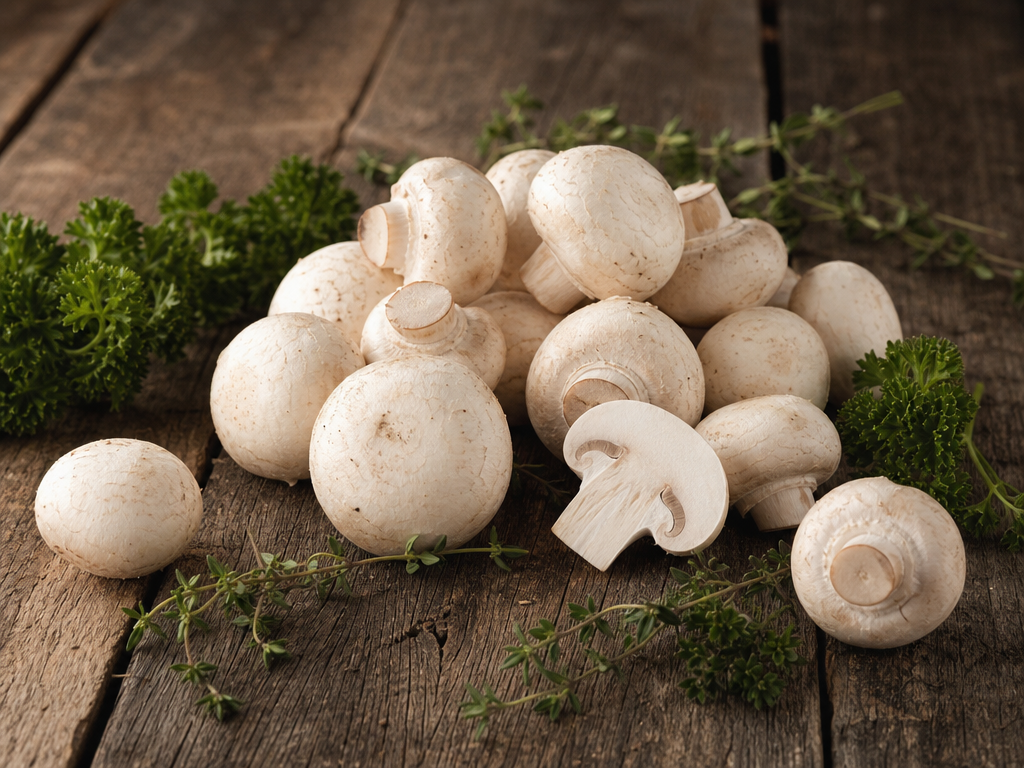 Fresh white button mushrooms on a wooden table